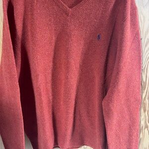 Ralph Lauren Men’s XL Orange 100% Lambs Wool V-neck Sweater With Blue Pony Logo.